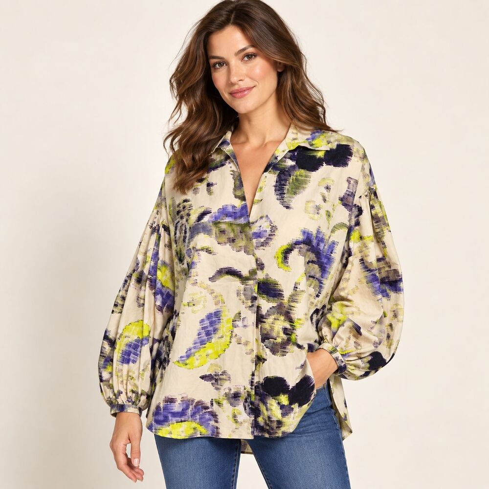 Psophia Abstract Watercolor Floral Cotton Poplin Blouse Small Balloon Sleeve